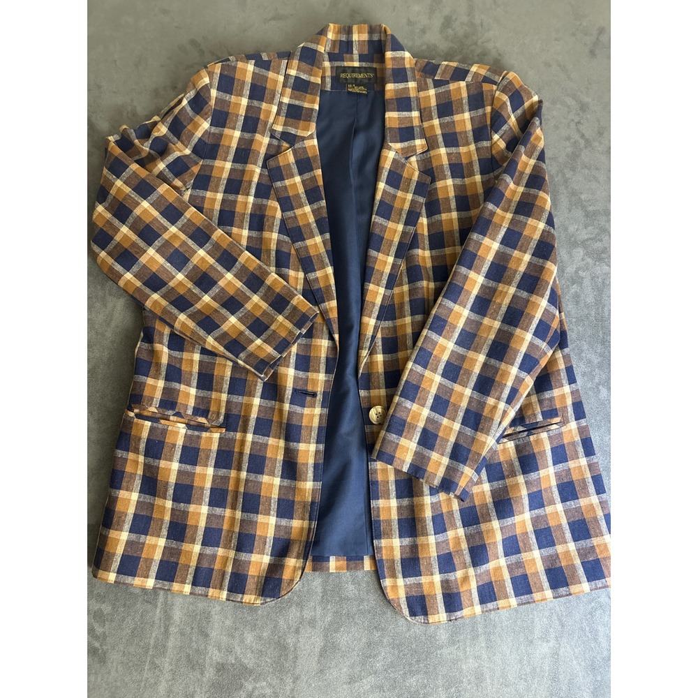 VTG Y2K Plaid Linen Blend Blazer Navy Mustard Yellow Size 16